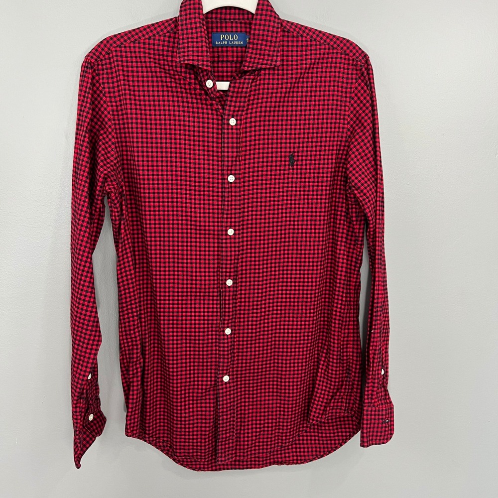 Polo Ralph Lauren Button Down Mens Small Red Black Great Gingham Cotton Long Slv